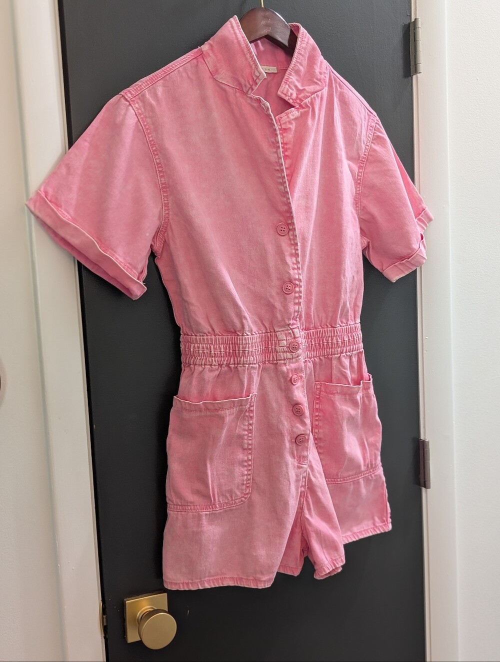 Denim Pink Short-Sleeve Romper - Womens